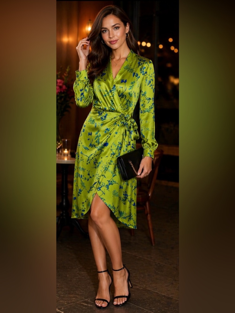 I.N.C. International Concepts Satin Wrap Dress Green Floral Elegant Size XS